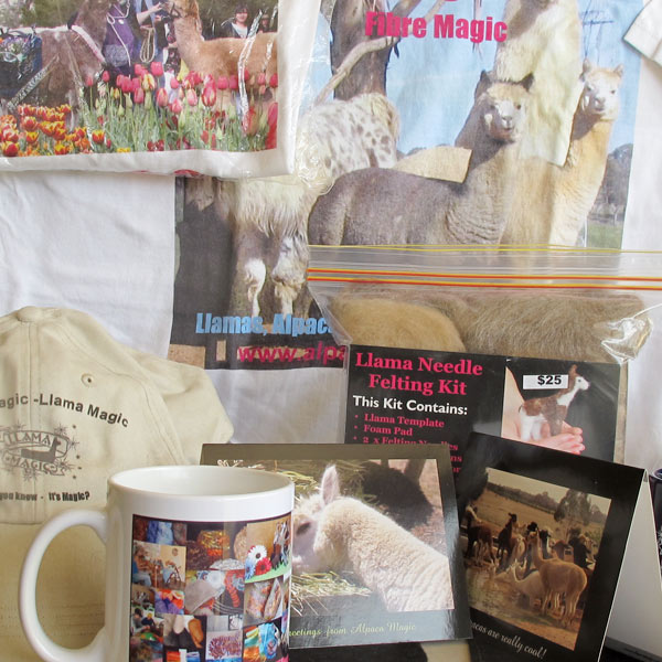 A mix of Alpaca Magic merchandise including a shirt, cap, felting kit, postcards and magnets